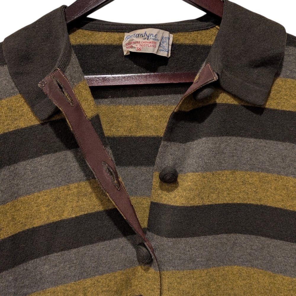 VTG Ballantyne of Peebles Cashmere Striped Cardigan Sweater Scotland 3/4 Sleeves - Picture 3 of 5